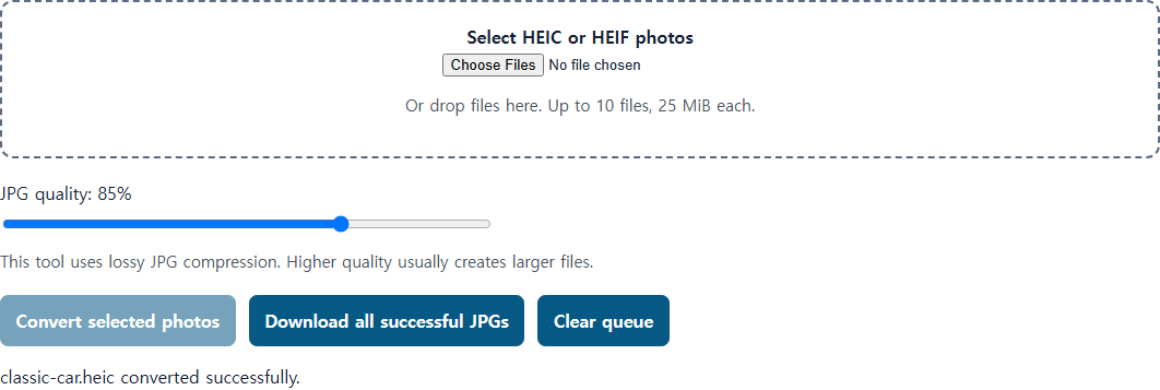 AllToolPlace HEIC converter showing completed conversion status for a verified iPhone HEIC fixture.